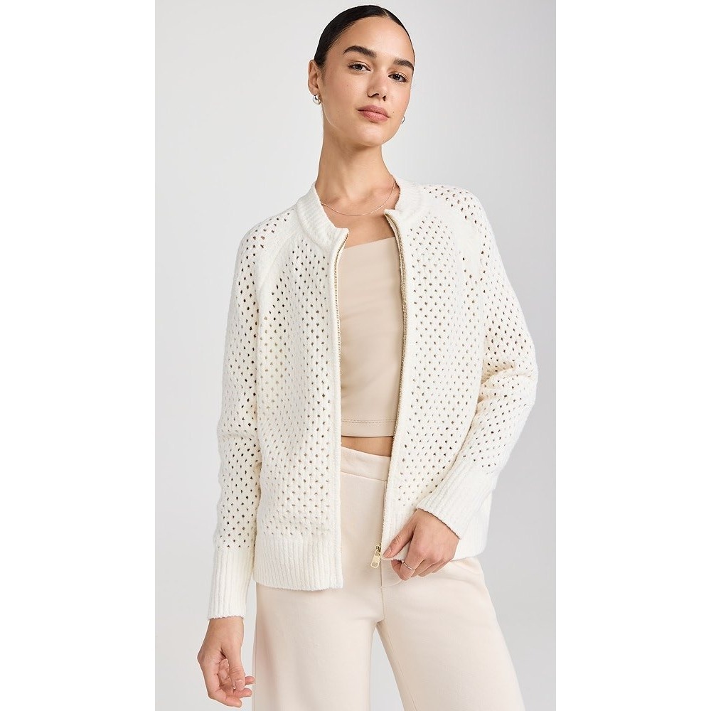Varley Ivory Pointelle Knit Zip-Up Cardigan Sweater Womens Medium White Cotton